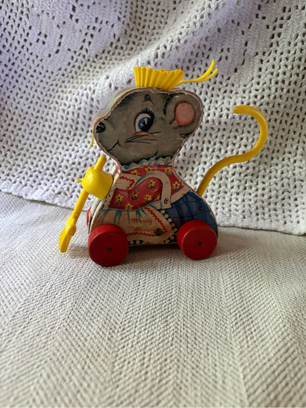 Fisher-Price Vintage Mouse Pull Toy with Red Wheels and Yellow Handle